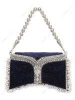 Navy Blue & Silver Crystal Filigree Party Clutch – Pearl Beaded Handle