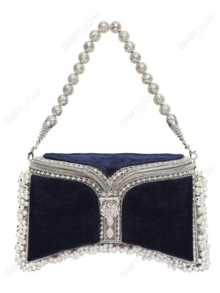 Navy Blue & Silver Crystal Filigree Party Clutch – Pearl Beaded Handle