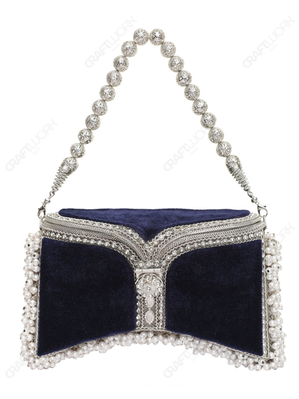 Navy Blue & Silver Crystal Filigree Party Clutch – Pearl Beaded Handle