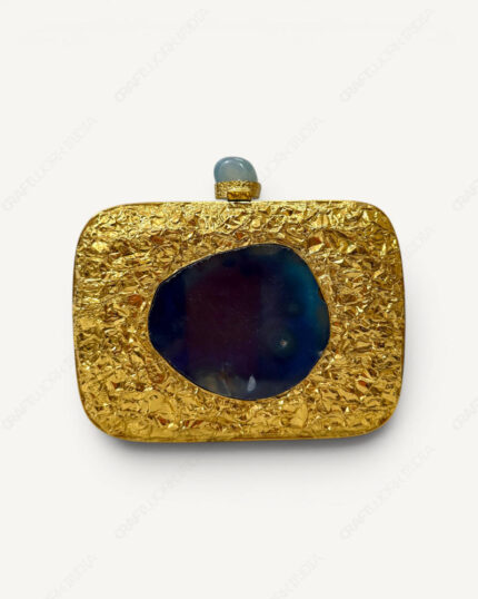 Natural Dark Blue Agate Stone Clutch | Central Agate Slice Framed by Handcrafted Crumpled Metalwork