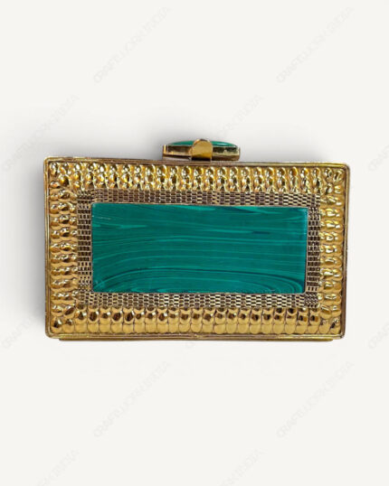 Malachite-Look Natural Stone Clutch | Green Rectangular Central Stone Panel with Concentric Decorative Metalwork