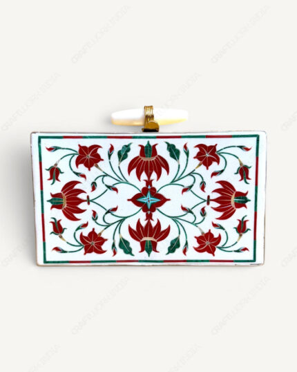 White Makrana Marble Clutch | Handcrafted Floral Vine Inlay on Sang-e-Marmar with Precious Gemstones & Mother of Pearl