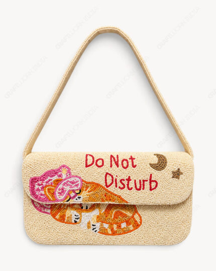Sleeping Cat Beaded Shoulder Bag | Orange Cat on Ivory