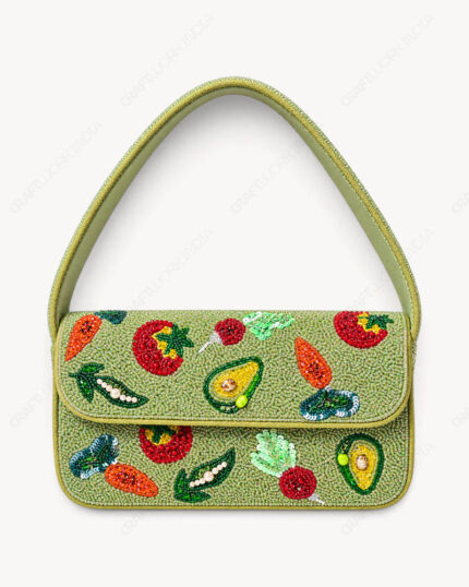 Mixed Garden Produce Beaded Shoulder Bag | Avocado, Pea Pods, Carrots & Radishes on Green