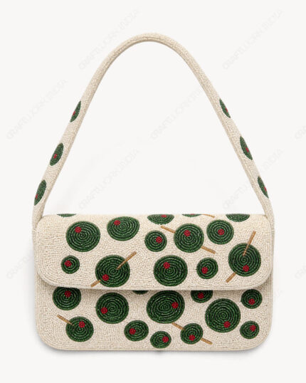Martini Olive Beaded Shoulder Bag | Green Olives on Ivory