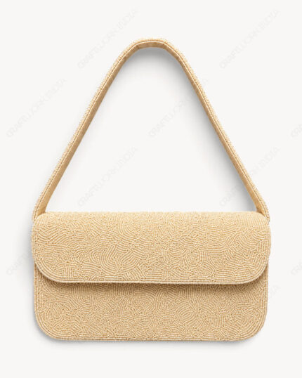 Textured Beaded Shoulder Bag | Monochrome Ivory Abstract Pattern
