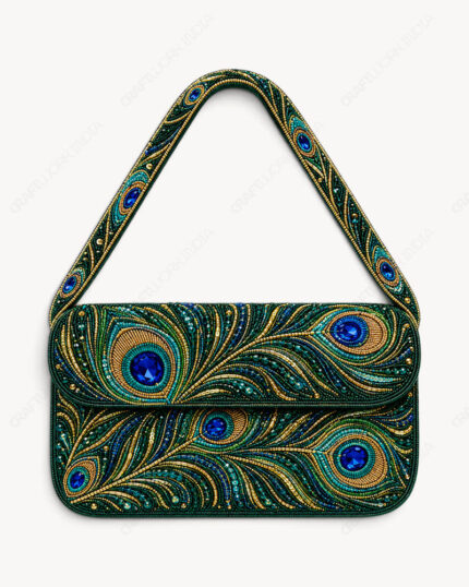 Peacock Feather Beaded Shoulder Bag | Blue & Turquoise Eyes on Emerald