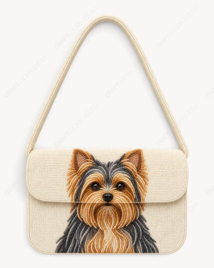 Yorkshire Terrier Beaded Shoulder Bag | Steel Gray & Golden Tan Dog on Ivory