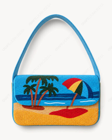 Tropical Beach Beaded Shoulder Bag | Palm Trees & Beach Umbrella