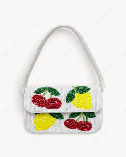 Mini Cherry & Lemon Beaded Shoulder Bag | Red Cherries & Yellow Lemons on White