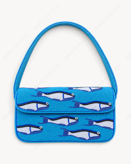 Fish Beaded Shoulder Bag | White & Navy Fish on Turquoise