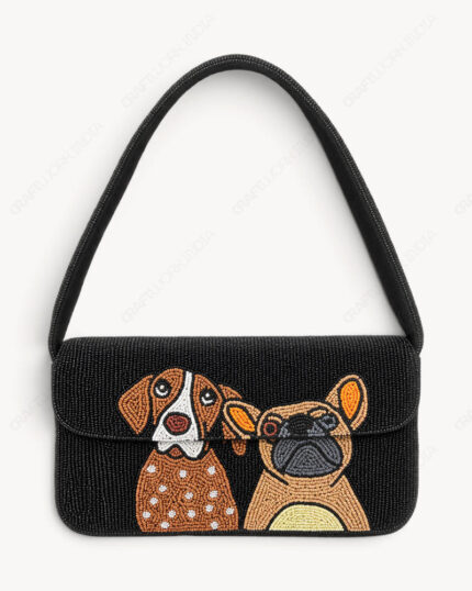 Two-Dog Beaded Shoulder Bag | Beagle & French Bulldog on Black
