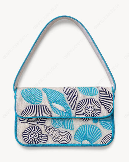 Seashell Beaded Shoulder Bag | Turquoise & Navy Shells on White