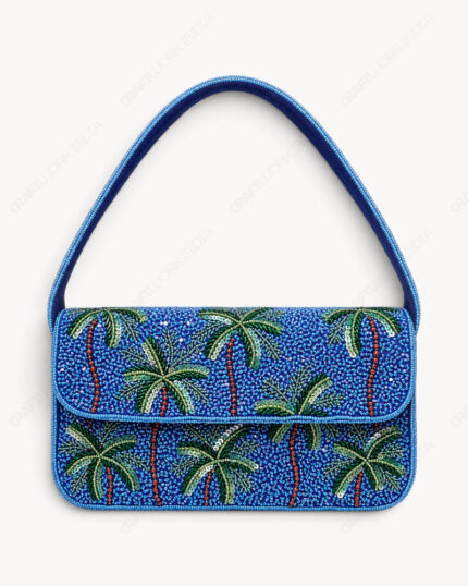 Palm Tree Beaded Shoulder Bag | Green Palms on Royal Blue
