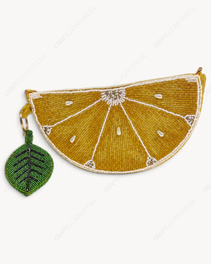 Yellow Lemon Slice-Shaped Beaded Clutch with Leaf Charm