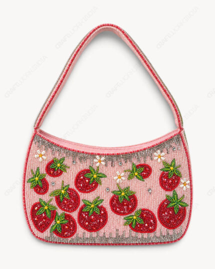 Strawberry Beaded Shoulder Bag | Red Strawberries on Blush Pink