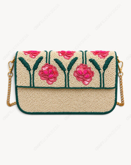 Floral Beaded Shoulder Bag | Pink Flowers on White